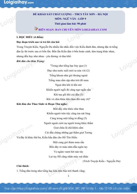 Đề khảo sát chất lượng đầu năm Văn 9 THCS Tây Sơn - Hà Nội